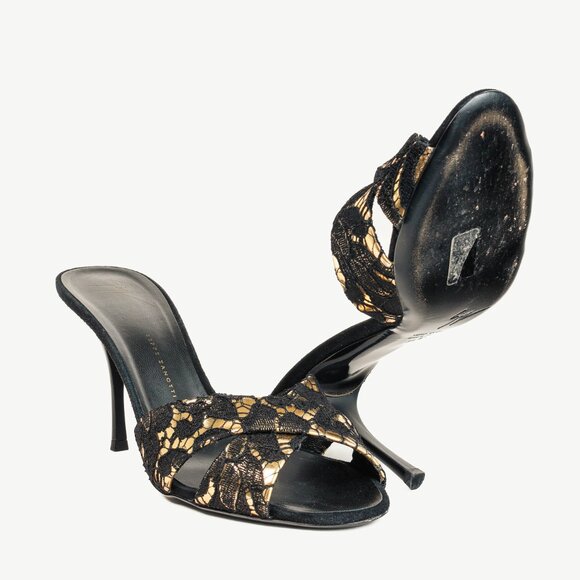 Giuseppe Zanotti Gold & Black Lace Crossover-Strap Mules - Picture 4 of 10